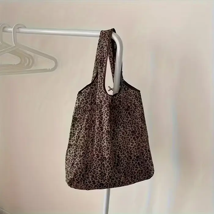 Sac de courses pliable à imprimé léopard - Sac en nylon léger et étanche avec poignées robustes pour l'épicerie et le supermarché
