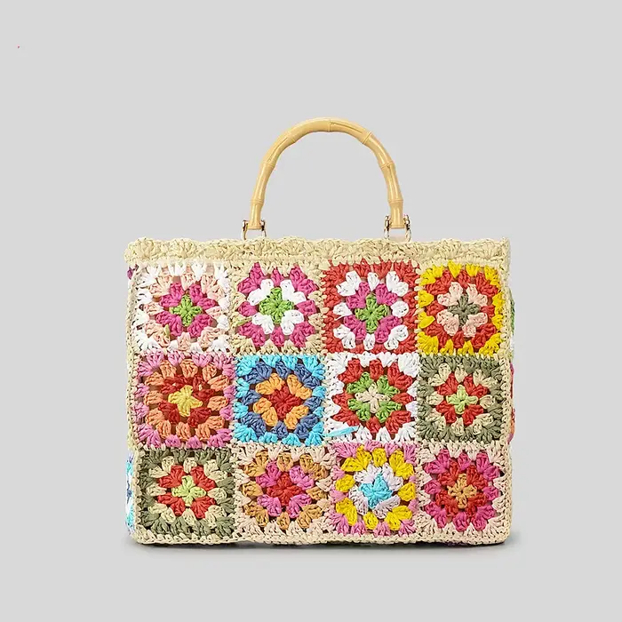 Sac à main bohème grand-mère pour femmes, carré, décontracté, en papier tissé, poignée en bambou, sa