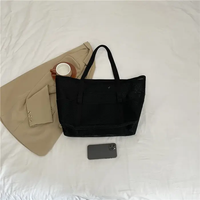 Sac de plage en maille Portable pour femmes, sac de lavage de rangement de voyage de maquillage, sac de bain de natation de voyage d'été, fourre-tout organisateur