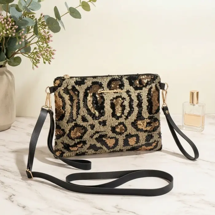 Sac à bandoulière pour femme avec broderie de sequins et imprimé léopard