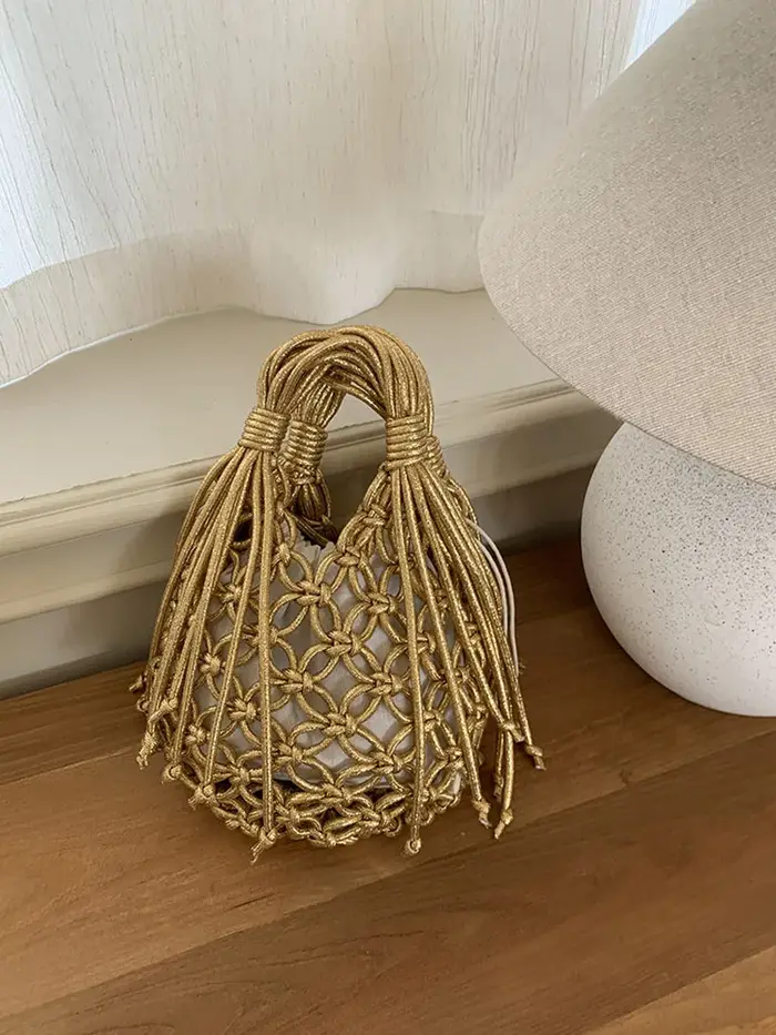 Nouveauté été : Sacs à bandoulière en macramé tressé à la main avec perles en bois et pompon