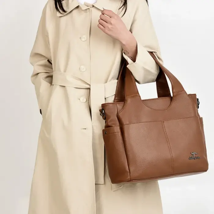 Sac fourre-tout en cuir souple, 3 compartiments principaux, double poche avant, grande capacité, sac