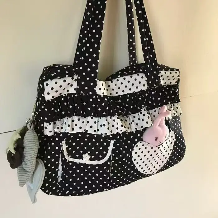 Sac fourre-tout en toile à pois rétro avec imprimé cœur, grande capacité, sac d'école coloré pour fi
