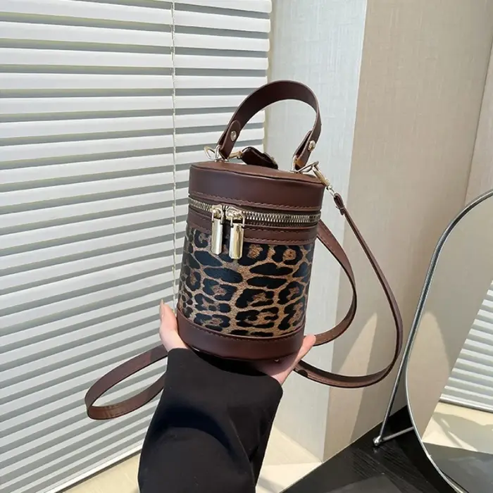 Nouveau style coréen sac seau en lin tendance pour femmes sac de maquillage imprimé léopard sac à bandoulière mode sac