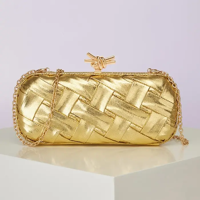 Tendance doré Pu cuir tissé pochette mode fête de mariage sac à main soirée chaîne épaule bandoulière Banquet sac femme