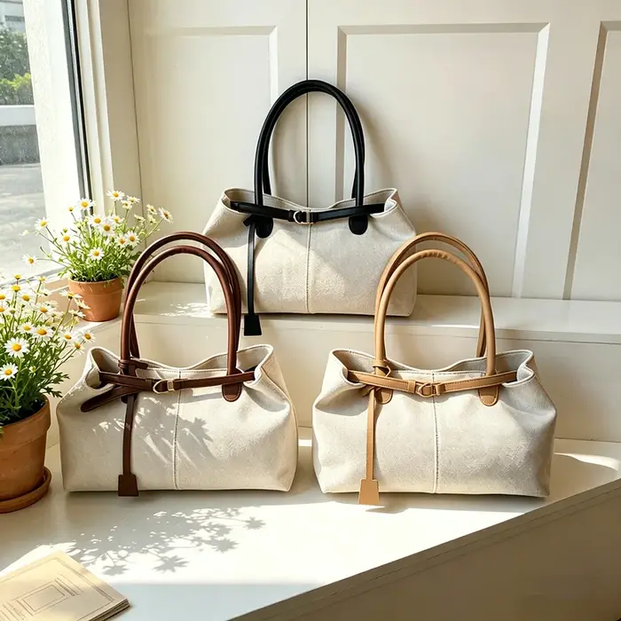 Sac fourre-tout élégant en mélange de lin avec poignées en cuir et détail boucle, sac à main chic à porter à l'épaule ou sous le bras pour le travail, les voyages et le quotidien