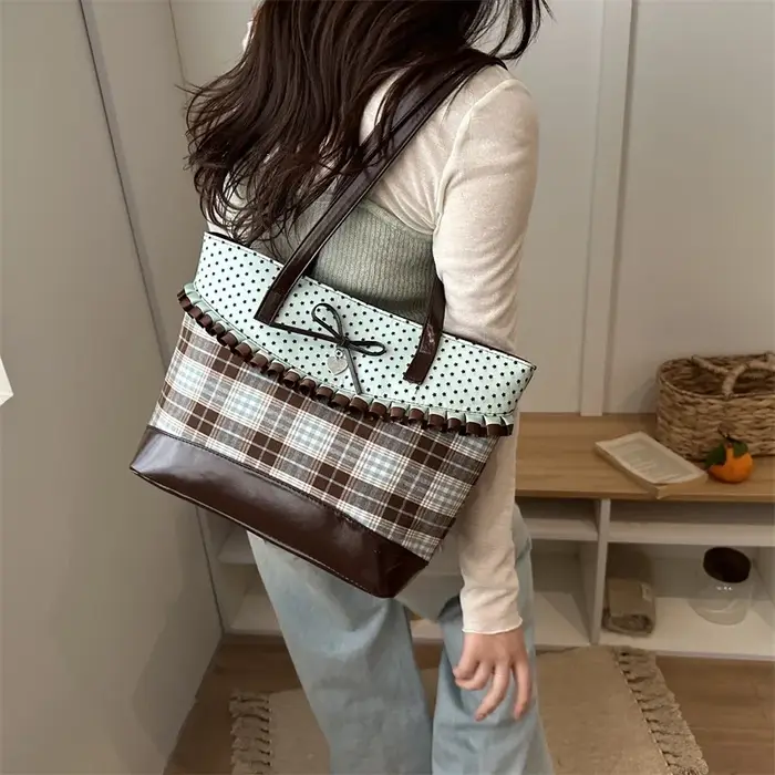 Sac fourre-tout vintage à pois et à carreaux grande capacité pour écolière