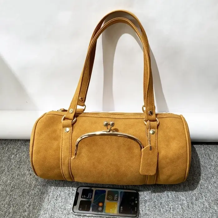 Sacs à fermeture Kisslock en forme de baril givrés, sacs à main rétro en daim, sacs oreiller de luxe