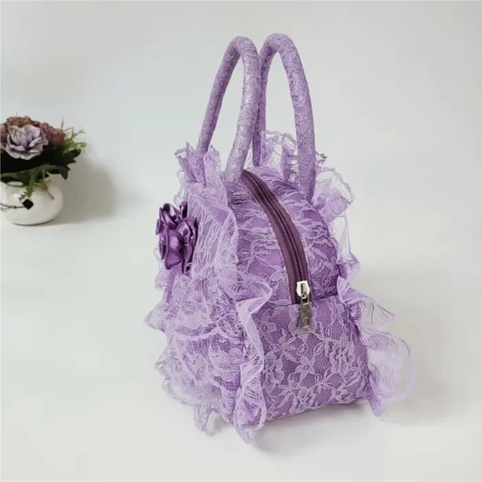 Sac à main en dentelle à volants en polyester, motif rose 3D, sac Lolita multicouche, intérieur spacieux, fermeture éclair, petit sac fourre-tout