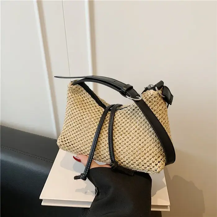 Sac fourre-tout tissé fait main au crochet, sac à bandoulière vintage en paille, sac à main rétro de