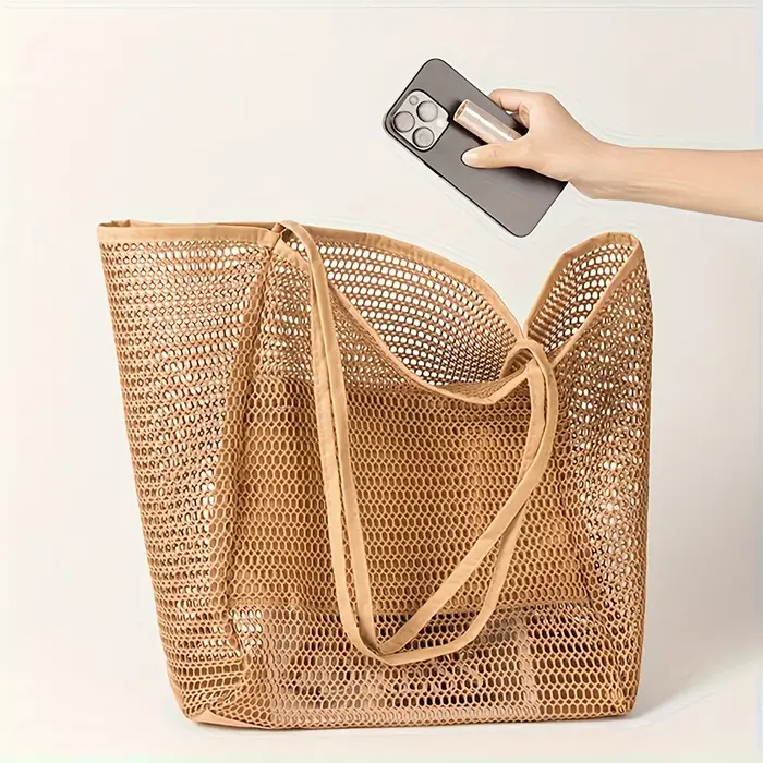 Sac fourre-tout de plage de grande capacité pour femmes – Sac à bandoulière tissé en polyester durable avec dessus