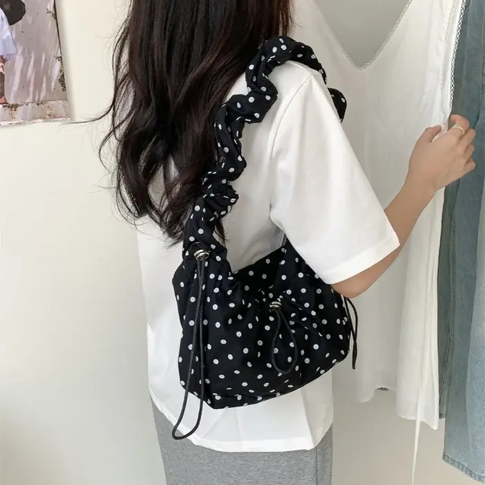 Sac bandoulière plissé rétro à pois grande capacité pour femme, sac de voyage extérieur, pochette à 