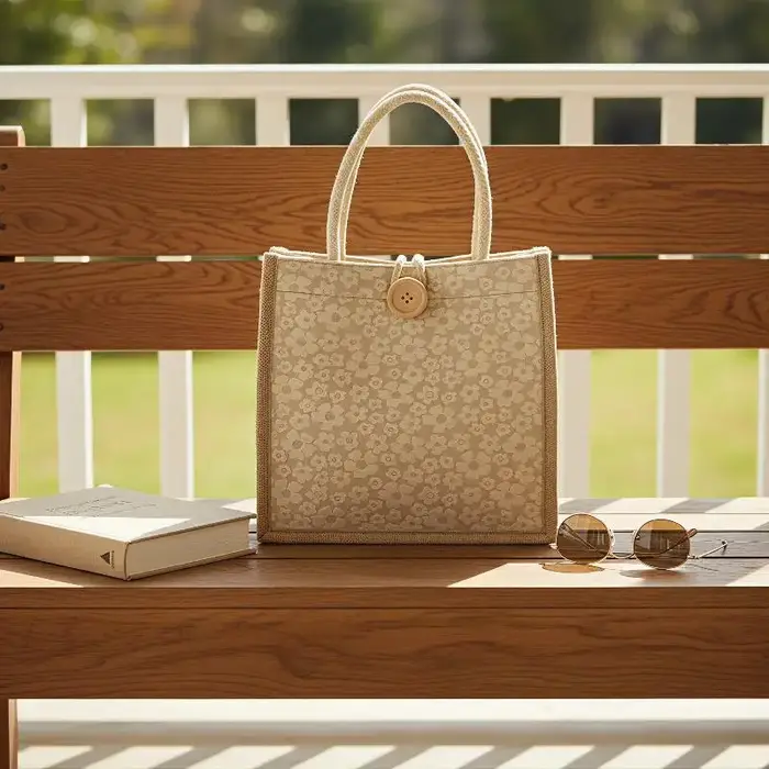Mini sac fourre-tout en lin blanc avec motif floral en relief et fermeture à bouton en bois pour les trajets quotidiens