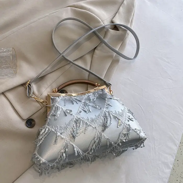 Sac à main à paillettes de soirée avec pompon, sac à bandoulière initié en dentelle, sac à main à pi