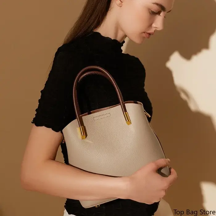 Sac seau en cuir véritable pour femme avec poignée supérieure et bandoulière amovible