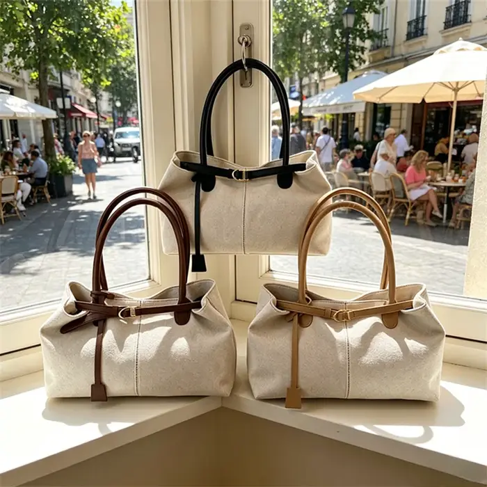 Sac fourre-tout élégant en mélange de lin avec poignées en cuir et détail boucle, sac à main chic à porter à l'épaule ou sous le bras pour le travail, les voyages et le quotidien