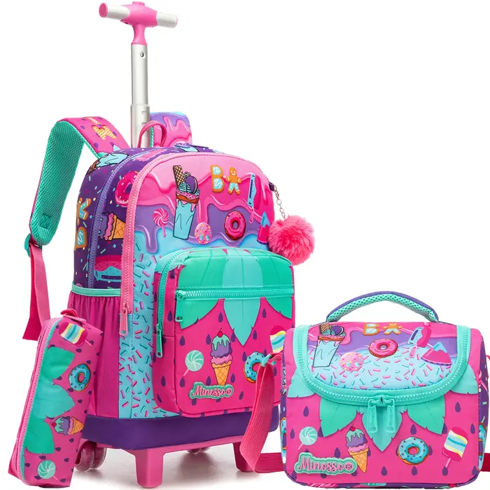 Sac à dos roulant pour filles avec boîte à déjeuner, sacs à dos d'école à roulettes de 16,5 pouces p