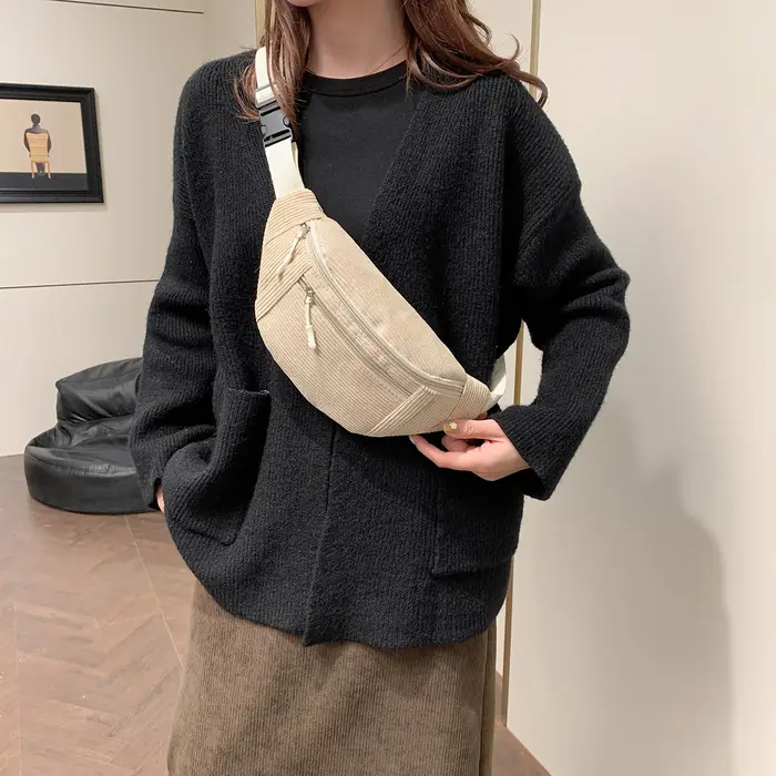 Femmes taille sac velours côtelé étudiant épaule sac à main bandoulière poitrine