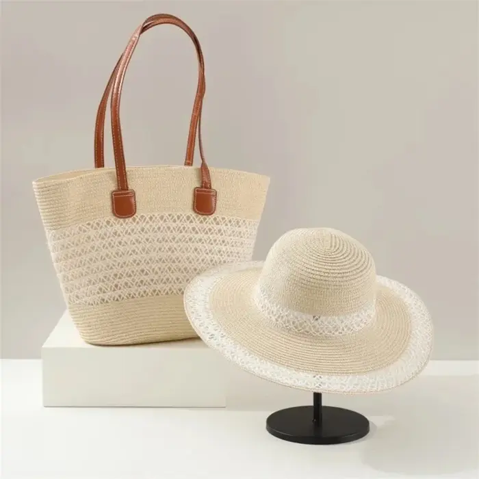 Ensemble sac et chapeau tressés en paille grande capacité pour les voyages en plein air, sac fourre-