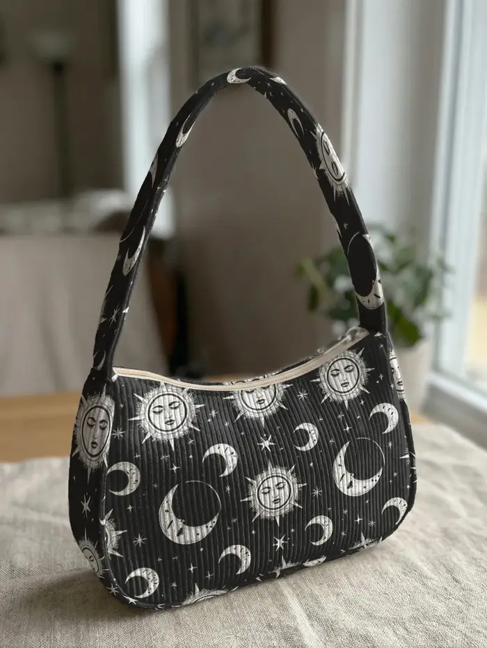 Sac à bandoulière tendance imprimé soleil et lune, sac sous le bras en velours côtelé noir pour un u