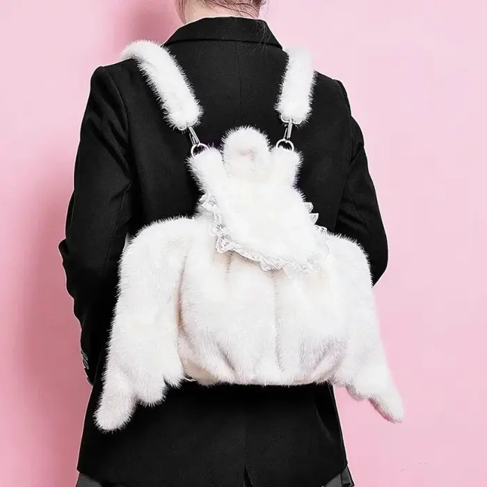 Blanc fausse fourrure ailes d'ange sac à dos dentelle décor mignon sac à bandoulière en peluche Kawa