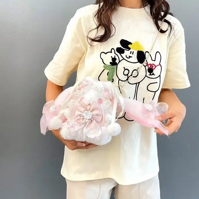 Lolita rose lapin dessin animé sac à bandoulière femmes Floral Patchwork nœud en peluche doux sac