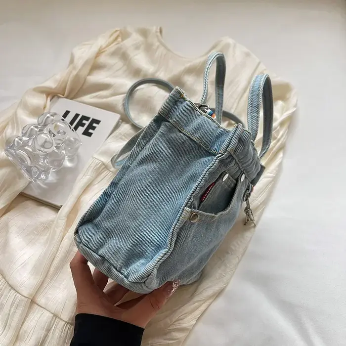 Sac à Main en Denim Délavé de Couleur Unie pour Femme