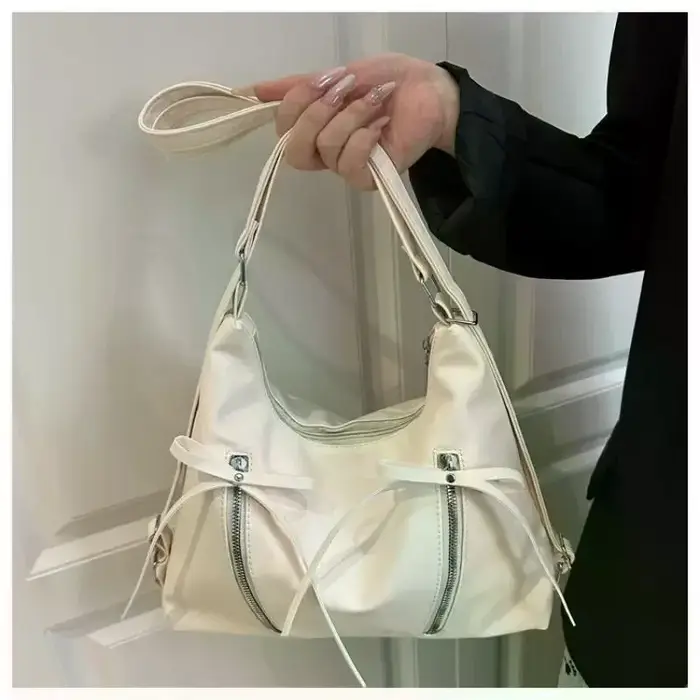 Sac fourre-tout rétro en cuir souple grande capacité avec nœud – Sac à bandoulière décontracté tendance pour femme