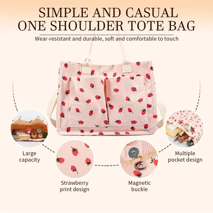 Sac fourre-tout mignon fraise patché sac à main pour femmes tissu grande capacité