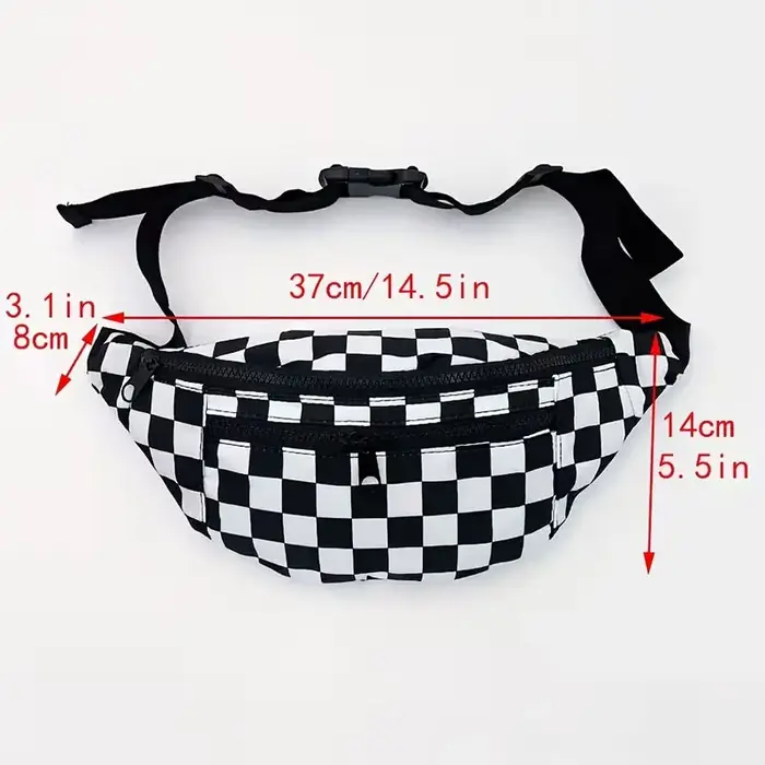 Sac de taille à carreaux noir et blanc pour femme avec poche poitrine à double fermeture éclair