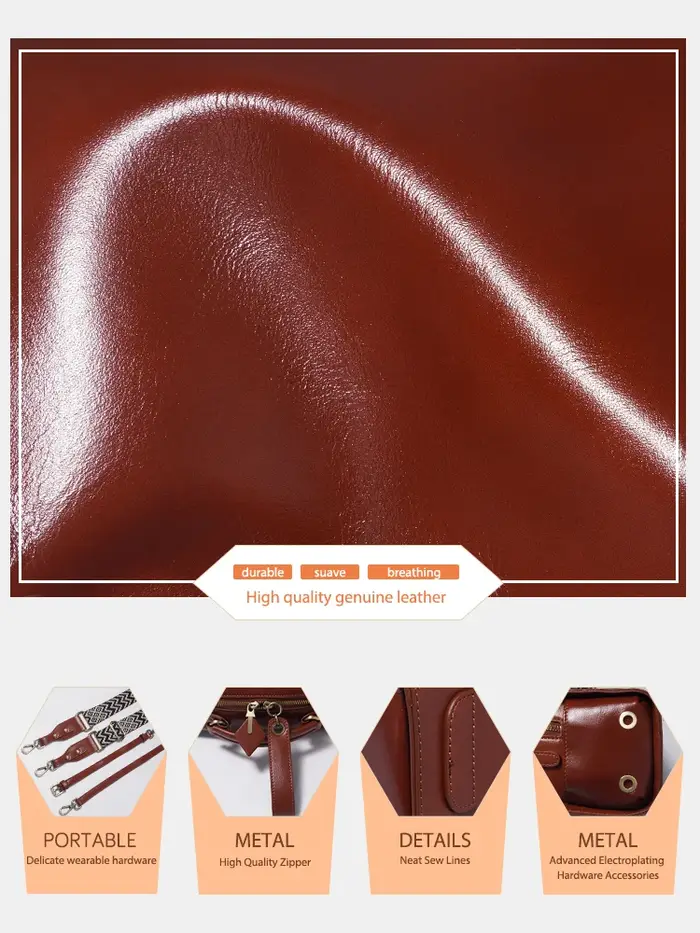 Sac à bandoulière en cuir ciré Zency pour femmes, sac à main avec deux longues sangles