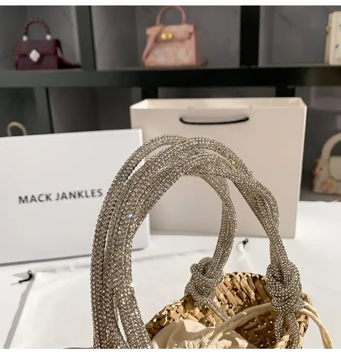 Sac à Main en Paille Tissée à la Main avec Strass Brillants pour Femme, Pochette de Plage et de Vaca