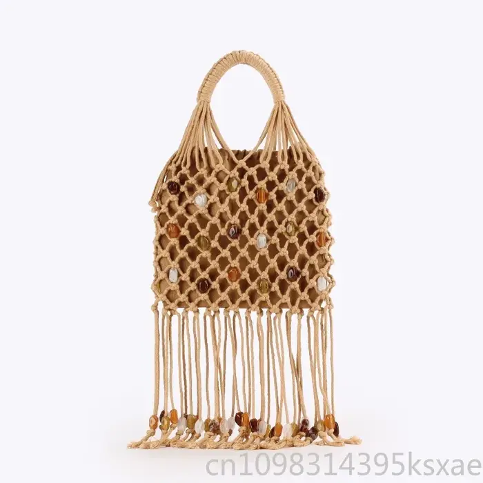 Sac fourre-tout tressé fait main pour femme avec franges à pampilles et détails perlés