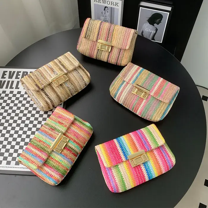 Sac à main en paille rayé multicolore pour femmes