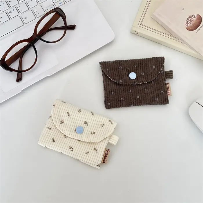 Mini Portefeuille Porte-Monnaie Petit Sac Carré en Corduroy pour Étudiant Bus Cartes d'Identité Bancaires
