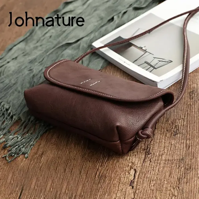 Sac à main pour femme en cuir de vache souple rétro fait à la main par Johnature, nouveau modèle 202
