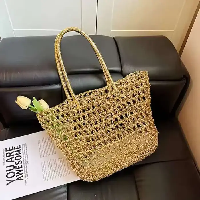 Sac fourre-tout doré tressé à la main ajouré