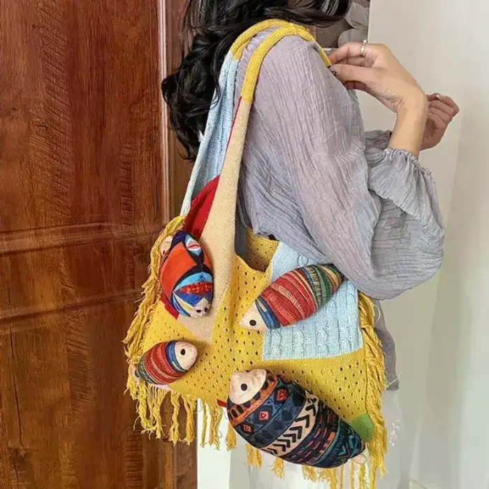 Sac fourre-tout tricoté bohème avec pendentif poisson mignon et motif ethnique