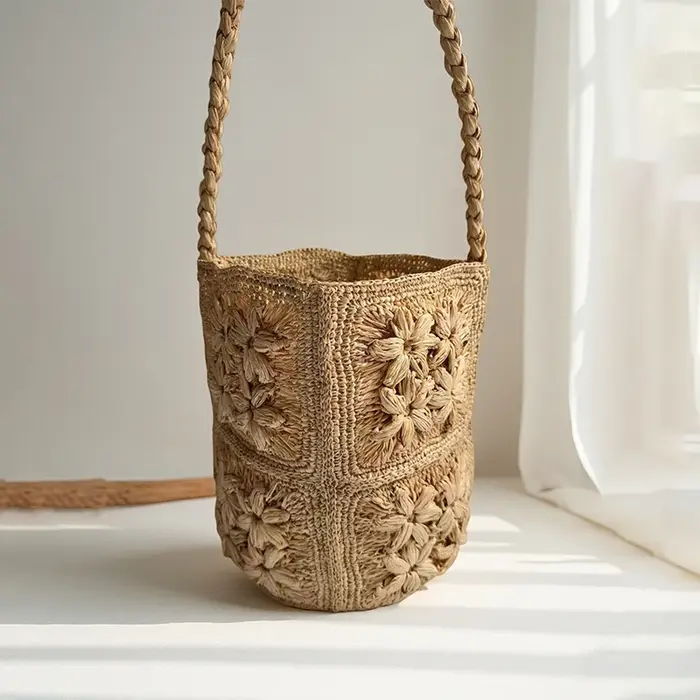 Sac à bandoulière bohème en raphia tressé à motif floral ajouré