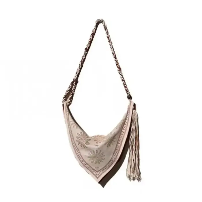 Sac à bandoulière triangulaire bohème tendance en lin imprimé, sac à main rétro avec détail pompon, sac messager ethnique pour l'été