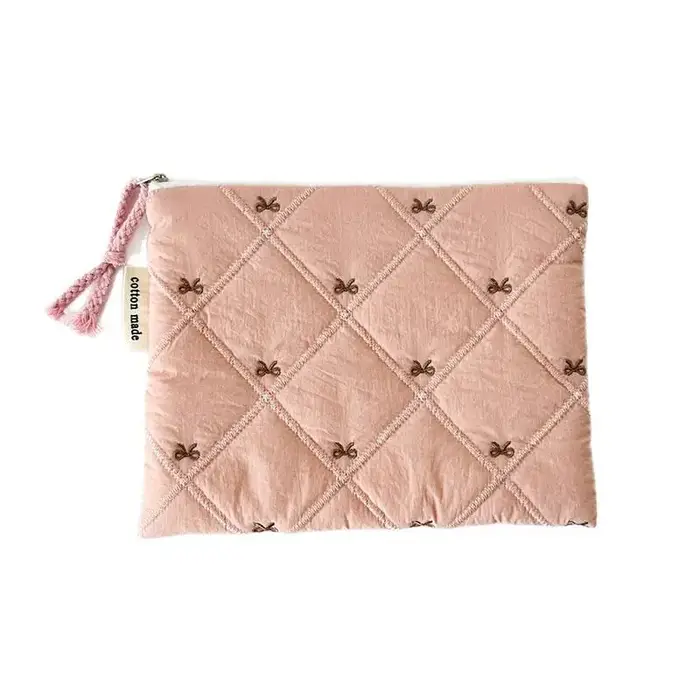 Pochette à cosmétiques matelassée avec nœud brodé, grande capacité, sac à papeterie multifonctionnel
