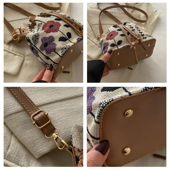 Sac seau en tissu de lin à motif floral