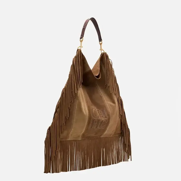 Sac Hobo à Franges CH en Cuir Véritable et Daim Marron Grande Capacité