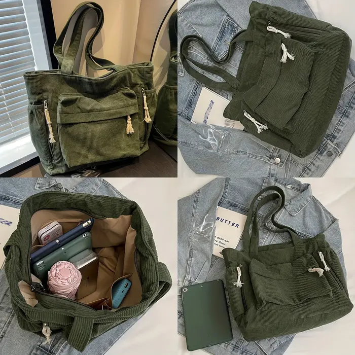 Sac fourre-tout en velours côtelé avec plusieurs poches