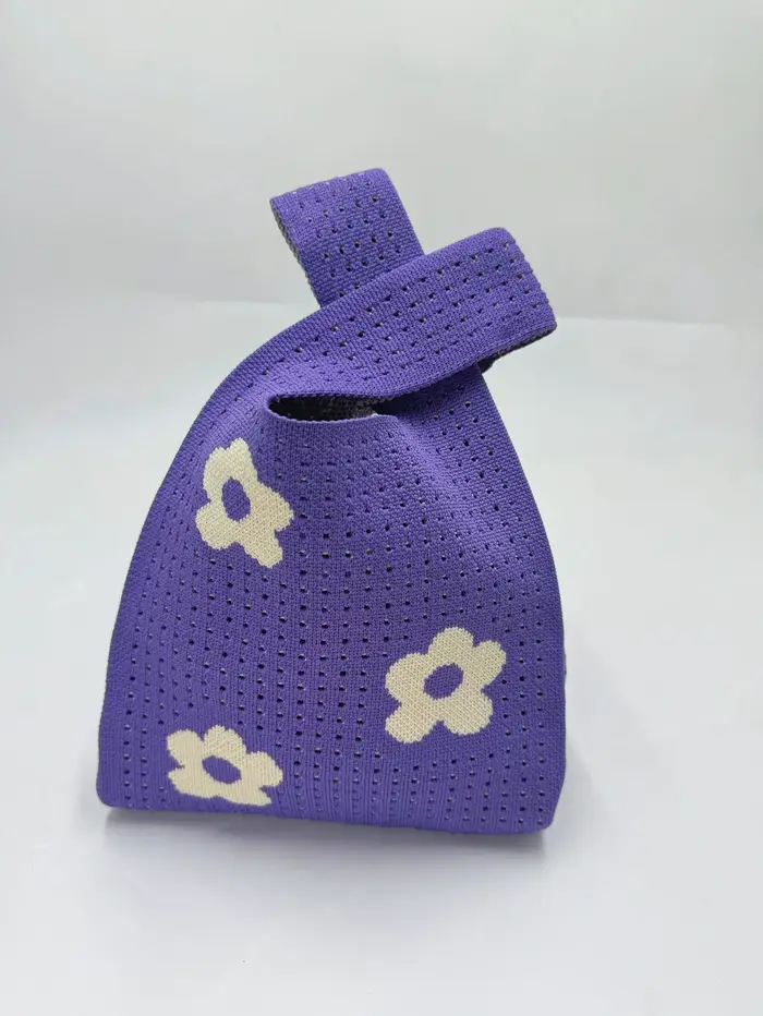 Sac fourre-tout tricoté à la main pour femme, mini sac à poignet noué, sac décontracté à rayures lar