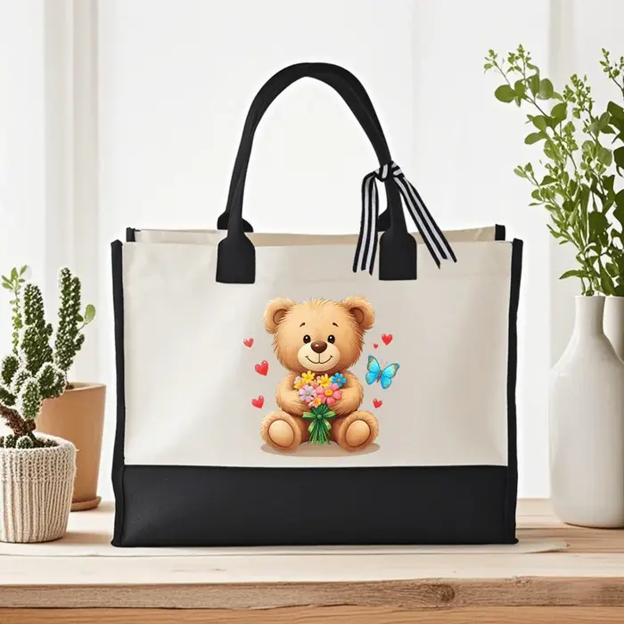 Adorable sac à main en forme d'ours en peluche crème et noir avec imprimé ours floral et cœur