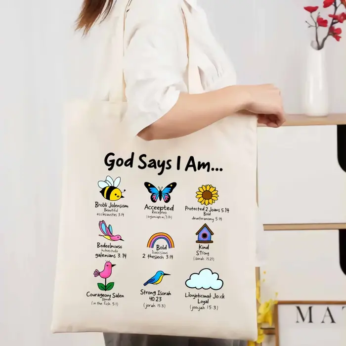 Sac fourre-tout en toile blanche avec versets bibliques inspirants et éléments naturels et texte col