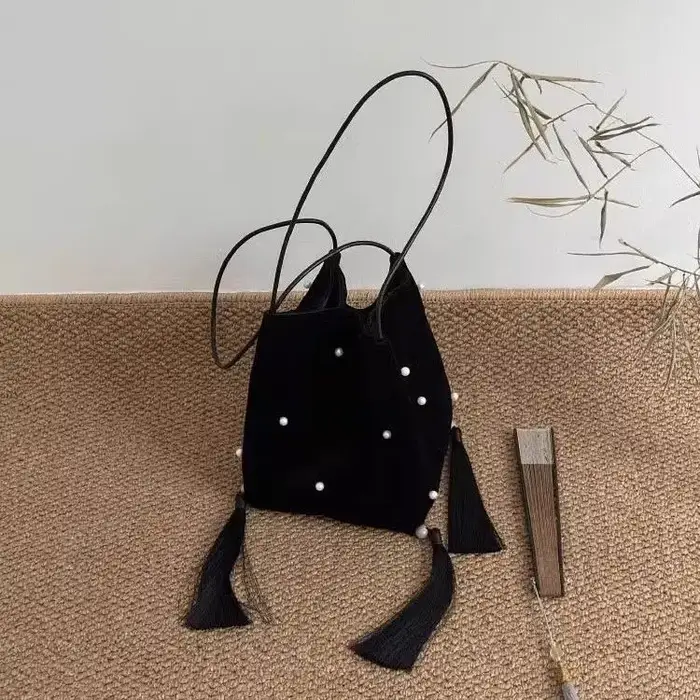 Sac à Pompon Vintage en Velours Noir pour Femme, Créativité, Perle, Mn E27, Fourre-Tout Élégant, Tem
