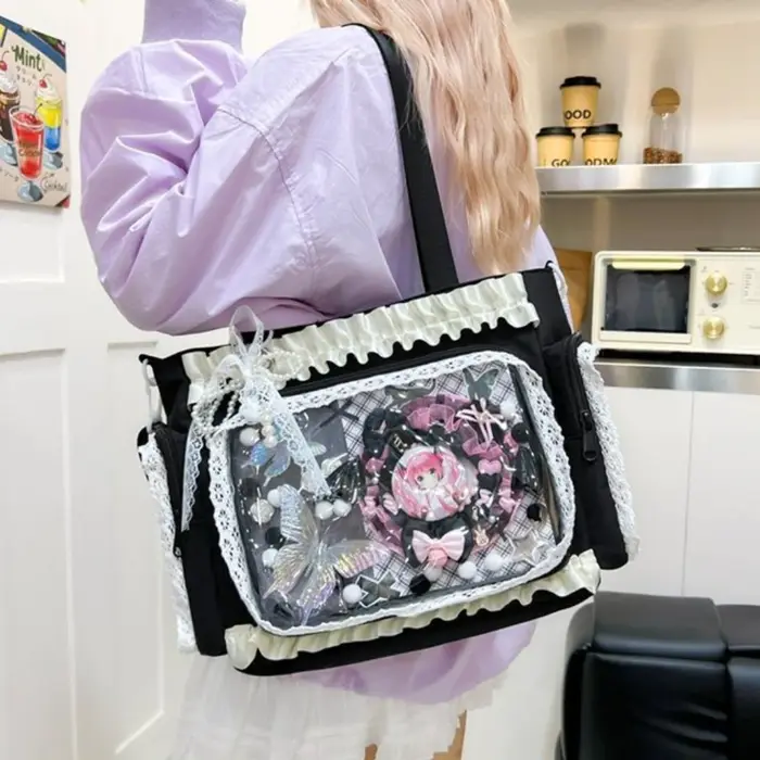 Sac fourre-tout Ita japonais Kawaii rose en dentelle à volants avec plaque de base et fenêtre transparente