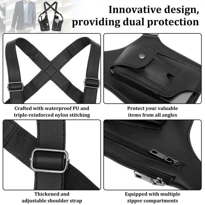 Sac antivol sous les bras PU Double bandoulière multi-poches extérieur